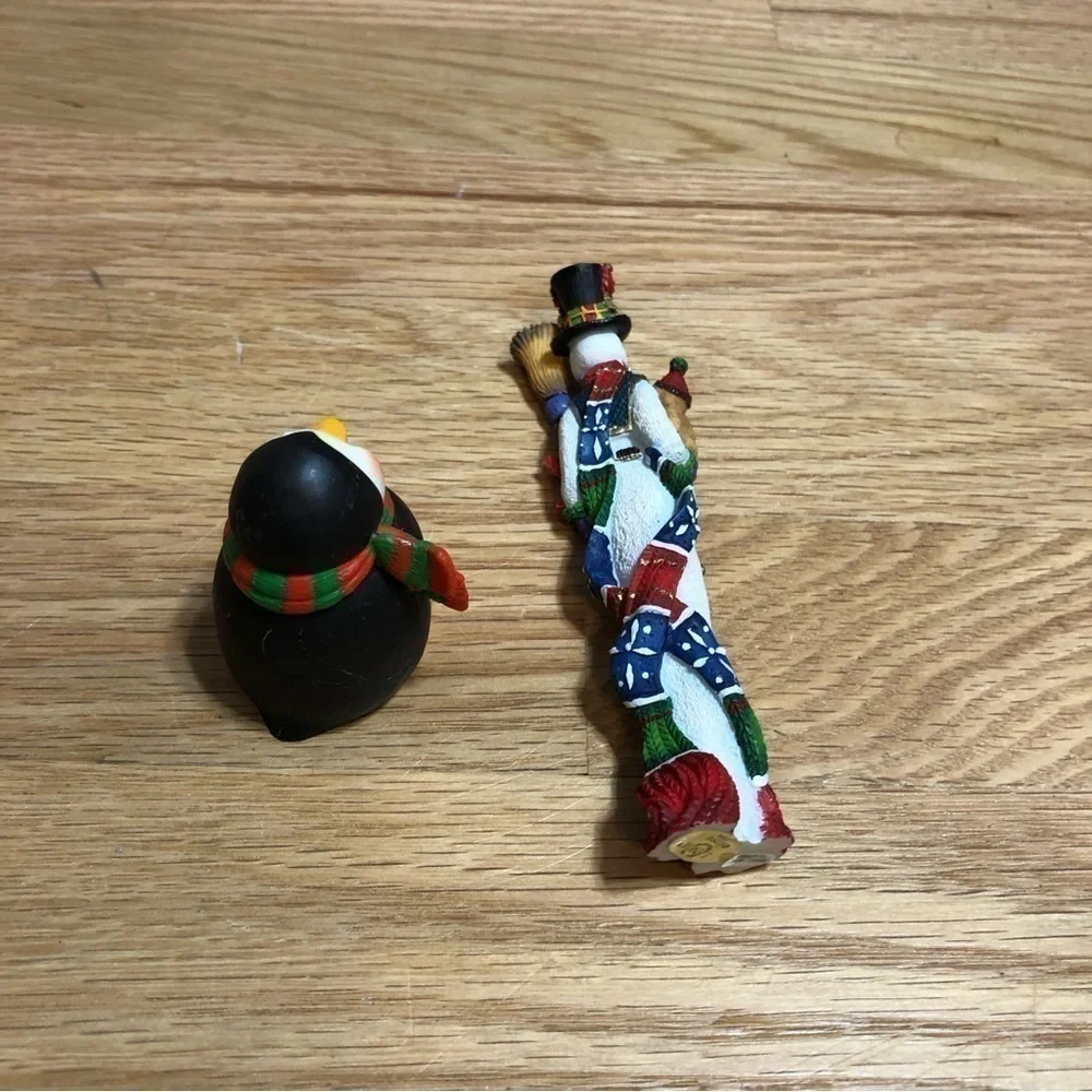 Snowman Tall Long Skinny Christmas Ornament & Penguin Figurine Holiday Blue
